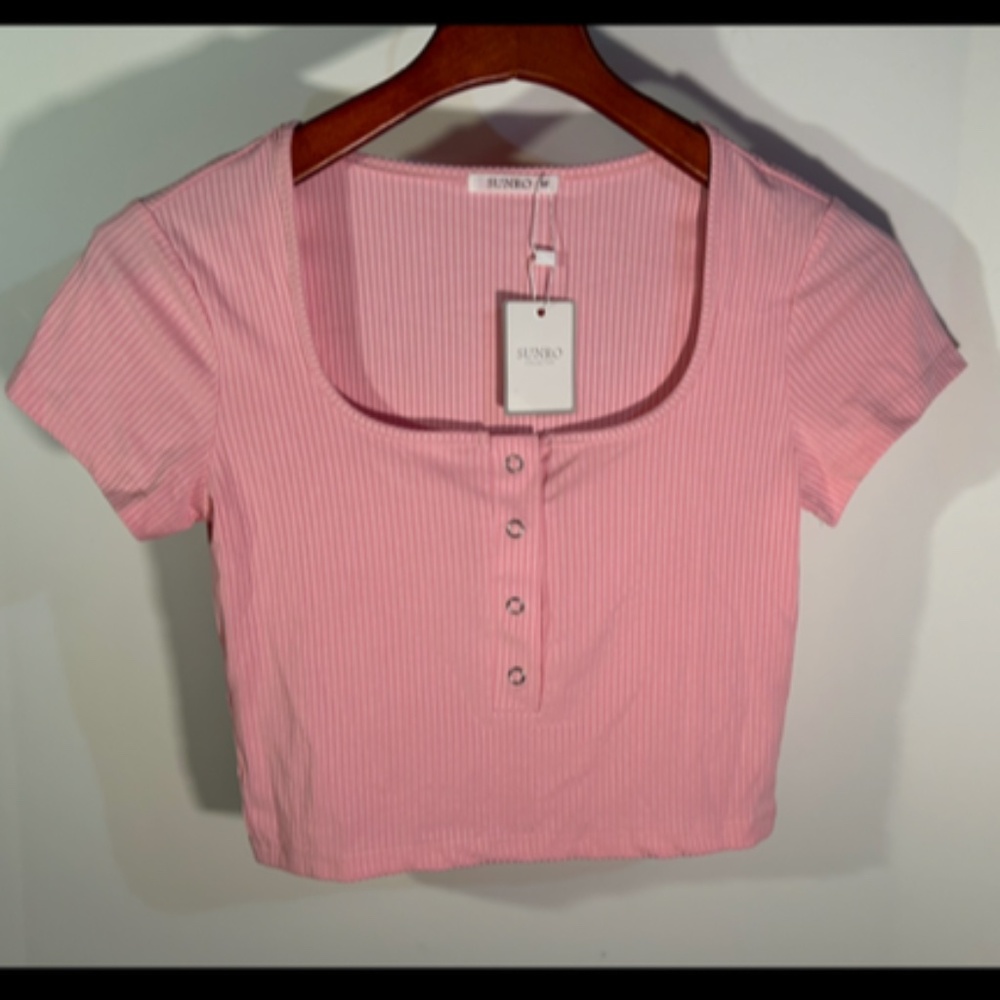 Sunro Short Sleeve Ribbed Square Neck Cropped Top Size M - NWT